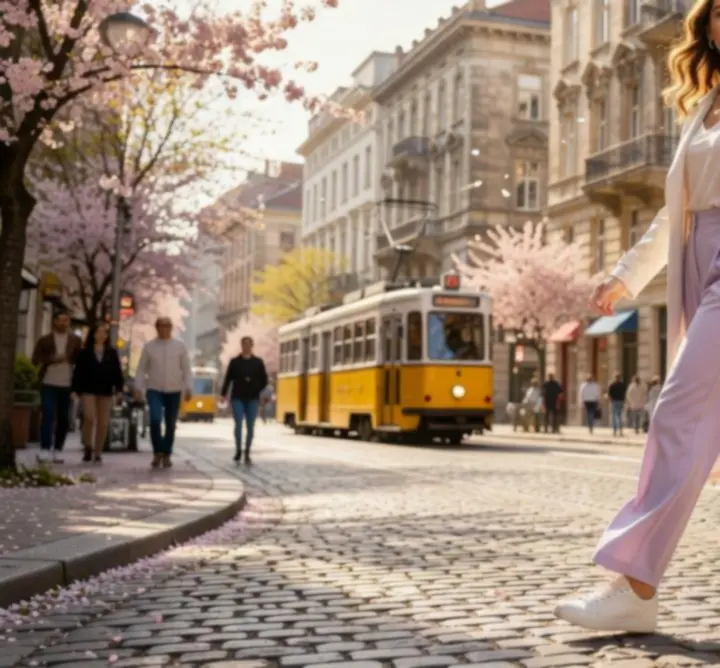 Tavaszi street style outfit 2026, rétegzett világos kabáttal és elegáns nadrággal